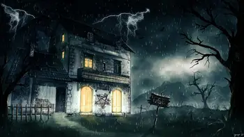 Helovinas BackdropMysterious lietingą naktį žaibas siaubo namai medžių antkapio Nuotrauka Fone Nuotrauka StudioProps
