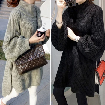 Moterų Korėja Stiliaus Megztinis 2021 Naujas Prarasti Atsitiktinis Megztinis Mados Vidutinio ilgio Megztinis ilgomis rankovėmis Suknelė Rudens Žiemos Drabužių