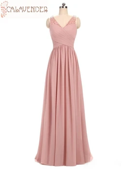 Paprastas V-Kaklo Dusty Pink Bridesmaid Dresses Linijos Šifono Suknelė Vestuves Grindų Ilgis Vestidos De Dama De Honor