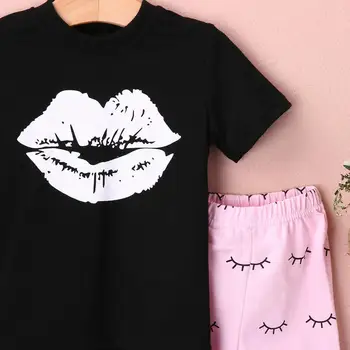 2vnt Kūdikio Rinkinys Naujagimiui Vaikams, Kūdikių, Mergaičių Drabužiai Nustatytas Didelis Lūpų Black T-shirt + Rožinis Blakstienų Kelnes Komplektus Drabužių 0-4Y