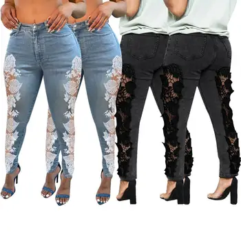 Atsitiktinis Kankina Nėrinių Denim Džinsai, kelnės, džinsai moterims femme džinsai aukšto juosmens džinsai skinny Streetwear Rudens Drabužiai