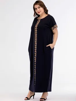 2020 metų Vasaros Musulmonų Abaja trumpomis Rankovėmis Plius Dydis Moterų, Kaftan Suknelė, O ant Kaklo Kišenėje Pledas Spausdinti Atsitiktinis Arabų Ilga Suknelė Tamsiai mėlyna