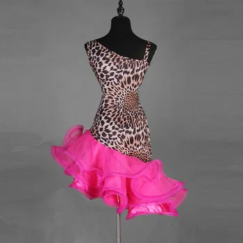 Pagal užsakymą Pagaminti Moterų Leopard Elegantiškas pakrypęs peties lotynų šokių big swing suknelė lotynų šokio spektaklis konkurencijos kostiumas