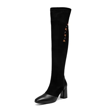 MoonMeek 2020 per kelius siekiantys batai moterims, suapvalinti tne paslysti ant ruožas+karvės odos batai aukštakulniai rudens žiemos šlaunų auliniai batai