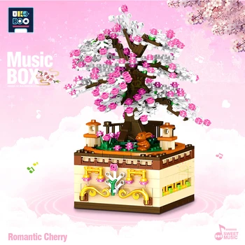 487Pcs Vyšnių Medžiai Visiškai Rozkwitnie Music Box Blokai Vaikų Sakura Techninės Plytų Modelio Rinkinio Žaislai Mergina Dovana