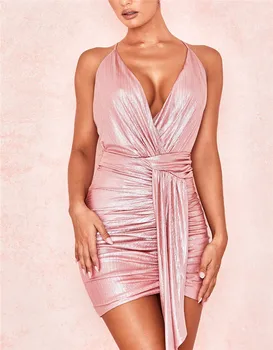 Įžymybė Seksualus 2019 Nauja Siunta Spageti Diržas V-Kaklo Backless Rožinė Bodycon Suknelė Moterims Naktiniame Klube Šalis Suknelė
