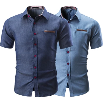 2019 naują atsitiktinis mados vientisos spalvos apykaklės spalvų atitikimo kišenėje mygtuką apdailos vyrų jean trumpas rankovės marškinėliai
