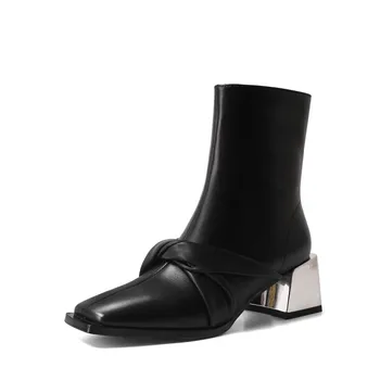 GPOKHDS 2021 moterų batai Karvės odos Žiemos trumpas pliušinis Aikštėje Kojų Drugelis-mazgas Užtrauktukas Aukšti kulniukai moterų batai dydis 42