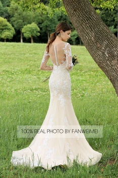 Ilgomis rankovėmis šampano pamušalas nėrinių vestuvių suknelė realios foto nuotakos suknelė gamyklos kaina, plius dydis