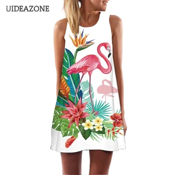 UIDEAZONE Flamingo Spausdinti Moterų Suknelė Gėlių O-Kaklo, Rankovių Shift-Line Mini Suknelė Atsitiktinis virš Kelio Moterų Suknelės, Vestidos
