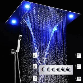 5 Funkcijos LED Dušo Maišytuvai Nustatyti Paslėpti Lubų 600x800 mm Didelių Showerhead Kritulių Krioklys, Viršutinis Dušas, Kūno Purkštukai Masažas