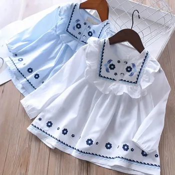 Pavasarį mergina palaidinė balta ilgomis rankovėmis siuvinėjimo gėlių vaikai palaidinė mergaitėms drabužių parduotuvių, vaikiški drabužiai, kūdikių apranga Y