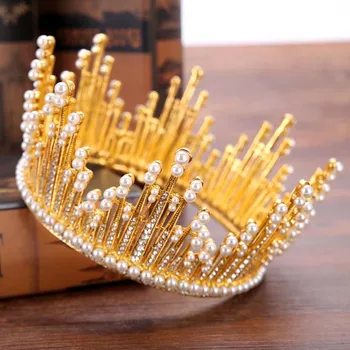 Baroko vestuvių plaukų aksesuarai, Prabangūs Krištolo, Perlų Rožančiai Aukso Karalius ir Karalienė Diade Nuotakos Visiškai Apvalus Ratas Tiara Headpieces