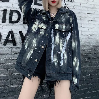 Korėjos Juoda Grafiti Džinsinio Striukė Moterims Gotikos Kaklaraištis Dažų Dangomis, Streetwear 2020 Atsitiktinis Liemenės Rudenį Kišenėje Mados Outwear