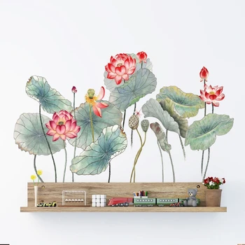 Lotus Lapai Gėlių Modelio Dizainas Sienų Lipdukai PVC Nuimamas Dailės Freskos Knyga, TV Foną, Paprastas Namų dekoro Lipduko