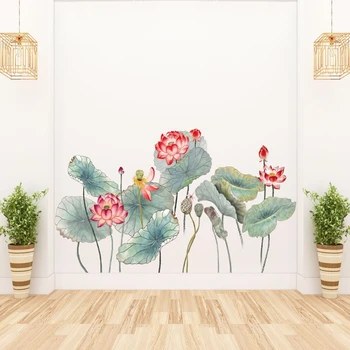 Lotus Lapai Gėlių Modelio Dizainas Sienų Lipdukai PVC Nuimamas Dailės Freskos Knyga, TV Foną, Paprastas Namų dekoro Lipduko