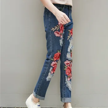 Mama siuvinėti džinsai denim kelnės kelnės boyfriend džinsai moterims korėjos stiliaus rose ponios džinsai moteriška 2018 naujas TA911