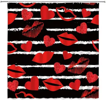 Merginos Raudonų Lūpų Spausdinti Romantiškos Meilės Širdis Mados Juoda Balta Juostele Zebra Partten Juokinga kiss Pasirašyti Vonios Užuolaidos