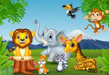 Fotografija Backdrops Vinilo Animacinių Filmų Gyvūnų Dramblys Ir Žirafa Zebra Liūtas Džiunglių Sluoksnių Dekoro Fonas Foto Studija Reklama