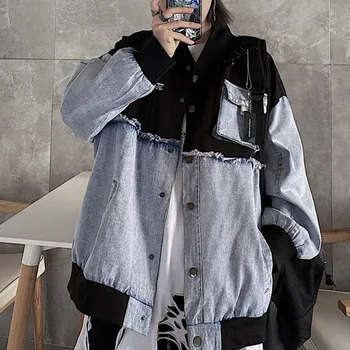 Korėjos Versija Gatvės Džinsinio Striukė Rudens Žiemos Harajuku Sujungimas Siuvinėjimo Raštą Kišenėje Single-breasted Kailis