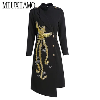 MIUXIMAO 2021Spring Rudenį Moterų Suknelė Dizaineris Suknelė Stovėti Apykaklės Phoenix Siuvinėjimo Elegantiškas Asimetriškas Suknelės
