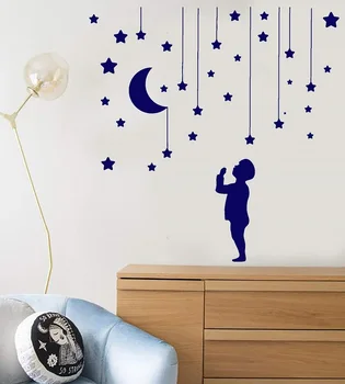 Vinilo sienos aplikacijos, žvaigždės, mėnulis, mažas berniukas, dekoratyvinių medelynas svajonių aplinkosaugos ¾enklelis, vaikų kambario apdaila, sienos lipdukas ET37