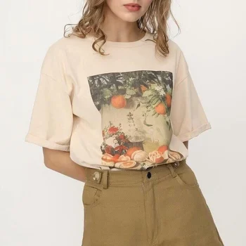 JBH-Begie Vaisių Apelsinų Vintage Marškinėliai Moterims Topai Vasaros Mados Chaki Moterų marškinėliai Vaisių Apelsinų Atspausdinta Tee Viršūnes Rudenį Tees