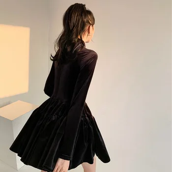 Lankas iškirpte, plonas long sleeve black velvet purus suknelė moterų aukšto juosmens retro prancūzijos temperamentas maža juoda suknelė