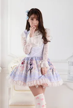 Princesė saldus lolita dress Japonijos saldus mergaitė mielas blue rose dvyniai princesė nėrinių diržas spausdinti studentas suknelė moterims GZWY207