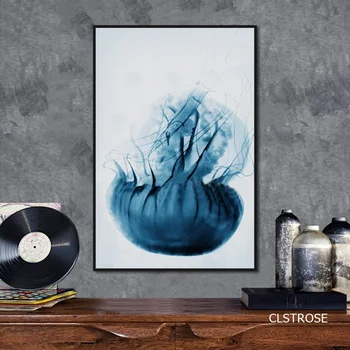 Šiaurės Šalių Šiuolaikinio Abstraktaus Minimalizmo Mėlyna Medūzos Plakatų Meno Akvarelė Drobė Nuotraukas, Svetainė, Miegamasis Dekoro Neįrėminti