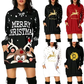 Populiarių Naujų rudens ir žiemos Kalėdų storio spausdinti vidutinio ilgio kišenėje gobtuvu ilgomis rankovėmis džemperis moterims