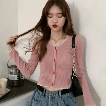 Korėjos Stiliaus marškinėliai Moterų Kratinys V-Kaklo, ilgomis Rankovėmis Marškinėliai Plonas Megztas Megztinis Mados Seksualus Slim Viršūnes W1
