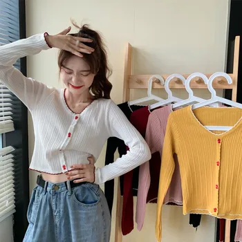 Korėjos Stiliaus marškinėliai Moterų Kratinys V-Kaklo, ilgomis Rankovėmis Marškinėliai Plonas Megztas Megztinis Mados Seksualus Slim Viršūnes W1
