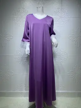 Mandylandy Dubajaus Musulmonų Dėvėti Drabužius Moterims Musulmonų Suknelė Stručio Plunksna Dekoratyviniai Nėriniai Abaja Ilgomis Rankovėmis Vientisų Spalvų, Purus Suknelė