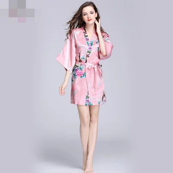 2017 m. Pavasarį, Vasarą, Rudenį Dirbtiniais Satino, Šilko Pižamą Seksualus Wrap Chalatai spausdinimo Moterų Sleepwear su Varčias Lady pižama S-XXL
