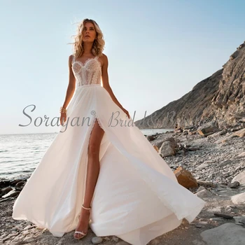 2019 Brangioji Elegantiškos Nėrinių Bohemijos Atsitiktinis Šifono Vestuvių Suknelės Nėriniai-Dirželiai Romantiškas ir Saldus Satino Paplūdimio Vestuvių Suknelės AX136