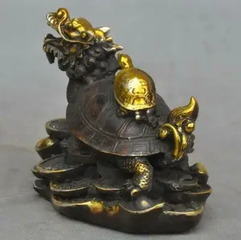 Pasisekė Kinija Fengshui Paauksuota Bronza yuanbao Pinigų Monetos Turto Dragon Vėžlys Statula