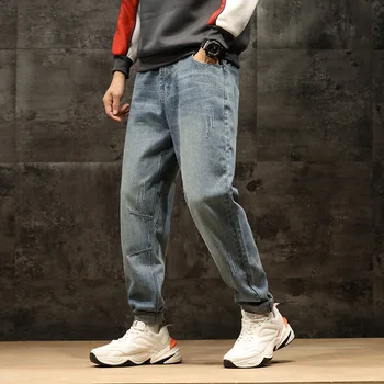 Japonijos Vintage Mados Vyrai Džinsai Palaidi Tinka Retro Mėlyna Kankina Džinsinio Haremo Kelnės Streetwear Hip-Hop Džinsai Vyrų Pločio Kojų Kelnės