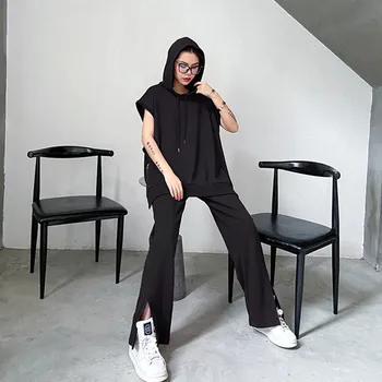 Rankovių hoodie+platus kojų kelnės moterims 2020 m. rudenį 2 dalių komplektas mados streetwear tinka drabužių conjuntos de mujer