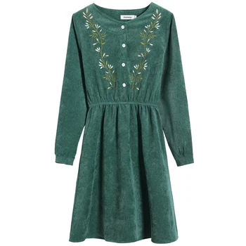 Mados Derliaus Velvetas Suknelė Moterims 2021 Ilgomis Rankovėmis Gėlių Siuvinėjimas Elegantiškas Ponios Atsitiktinis Moterų Midi Suknelė Žalia 7425 50