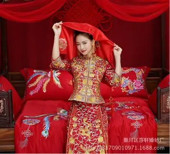 Nuotaka Vestuvių Kinų Stiliaus Kostiumas Phoenix Cheongsam Vakaro Šou Drabužių Slim Kinijos Tradicinės Suknelė