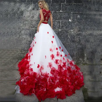 O-Kaklo Raudonos Nėrinių Appliques Vestuvių Suknelės Su 3D Gėlės Puošia Dviejų dalių, Vestuvinės Suknelės Užsakymą Plus Size Pavasario