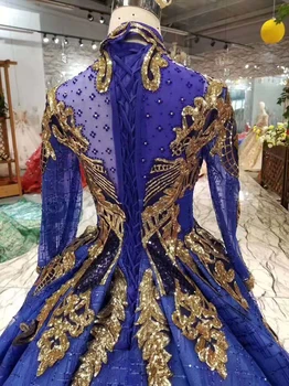 LSS436 mėlyna vakaro suknelės su aukso blizgučiai aukšto kaklo, ilgomis rankovėmis musulmonų šalis suknelė ilgai kamuolys suknelė ponios blizga suknelė 2020 m.