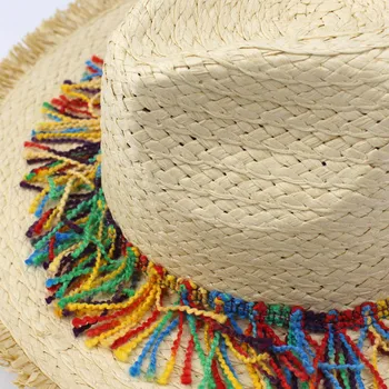 Mergina Džiazo Šiaudų Skrybėlę, Sulankstomas Kietas Flat Top Plačios Skrybėlės Kraštų Panama Moterų Mados Spalvinga Kutai Saulės Skrybėlę Panamos Paplūdimys
