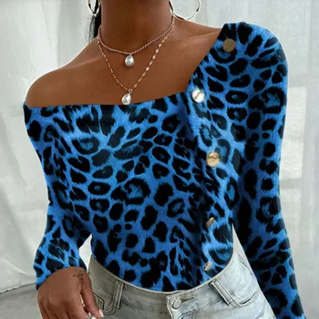 Leopard Seksualus, Moterų Palaidinė Nerijos Apykaklės Mygtuką ilgomis Rankovėmis Slim Moteriškos Palaidinės 2021 M. Rudenį Streetwear Mados Atsitiktinis Lady Viršų