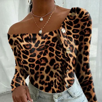 Leopard Seksualus, Moterų Palaidinė Nerijos Apykaklės Mygtuką ilgomis Rankovėmis Slim Moteriškos Palaidinės 2021 M. Rudenį Streetwear Mados Atsitiktinis Lady Viršų