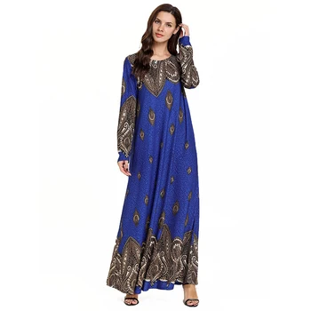 2019 Abaja Dubajaus Musulmonų Suknelė Kaftan Kimono Bangladešas Skraiste Musulmane Islamo Drabužių Caftan Marocain Moterų Blue Print Suknelė