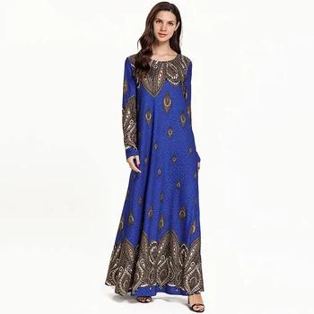 2019 Abaja Dubajaus Musulmonų Suknelė Kaftan Kimono Bangladešas Skraiste Musulmane Islamo Drabužių Caftan Marocain Moterų Blue Print Suknelė