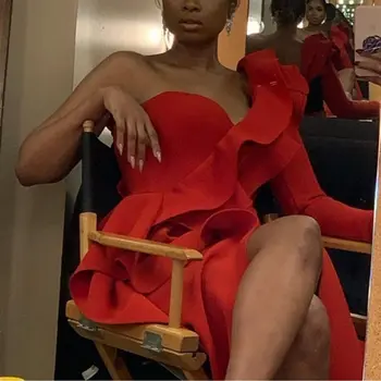 Afrikos Stilius Elegantiškas Šalis Seksualus Derliaus Moterų Ilgos Suknelės Vienos Pečių Bodycon Padalinta Moteriška Ruffles Maxi Raudona Suknelė