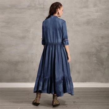 Atsistoti apykaklės, Elegantiškas Suknelės moterims atsitiktinis Laisvi džinsai vintage išsiuvinėti vidurio-sleeve dress 2020 m. Pavasario Vasaros ponios suknelės